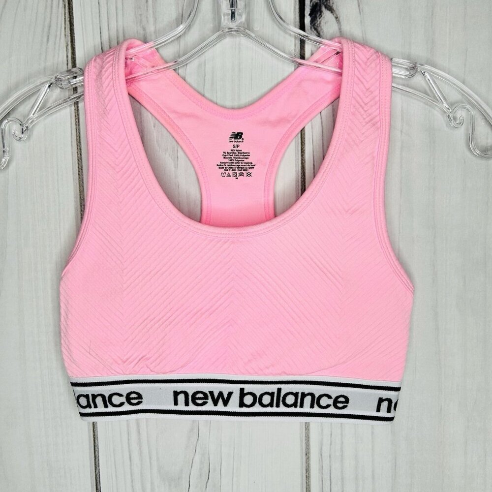 New Balance Pink Racerback Sports Bra Activewear Sz S Ribbed Knit Logo